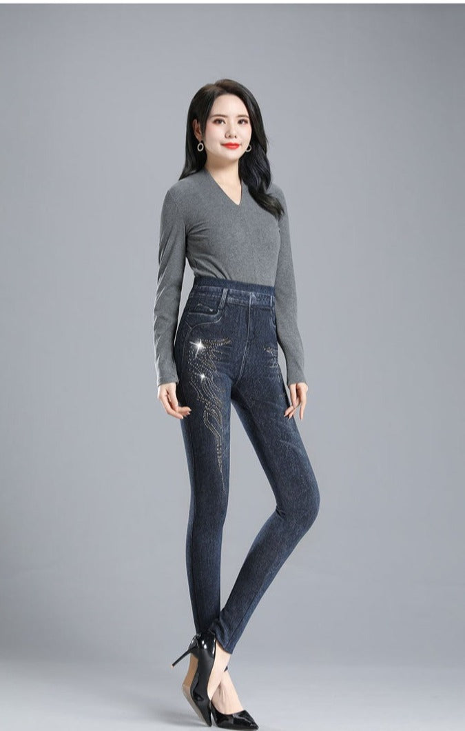Jeanslook legging met strass steentjes